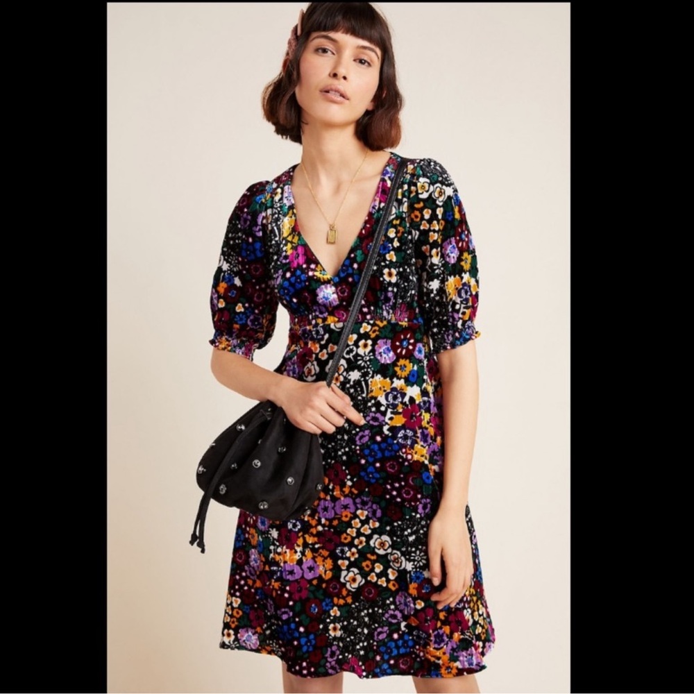 Anthropologie Floral Mini Dress - Black and Multicolor